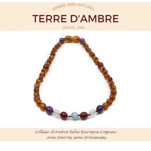 AMBEROS collier ambre naturel avec pierres précieuses baroque cognac  turquoise à petit prix